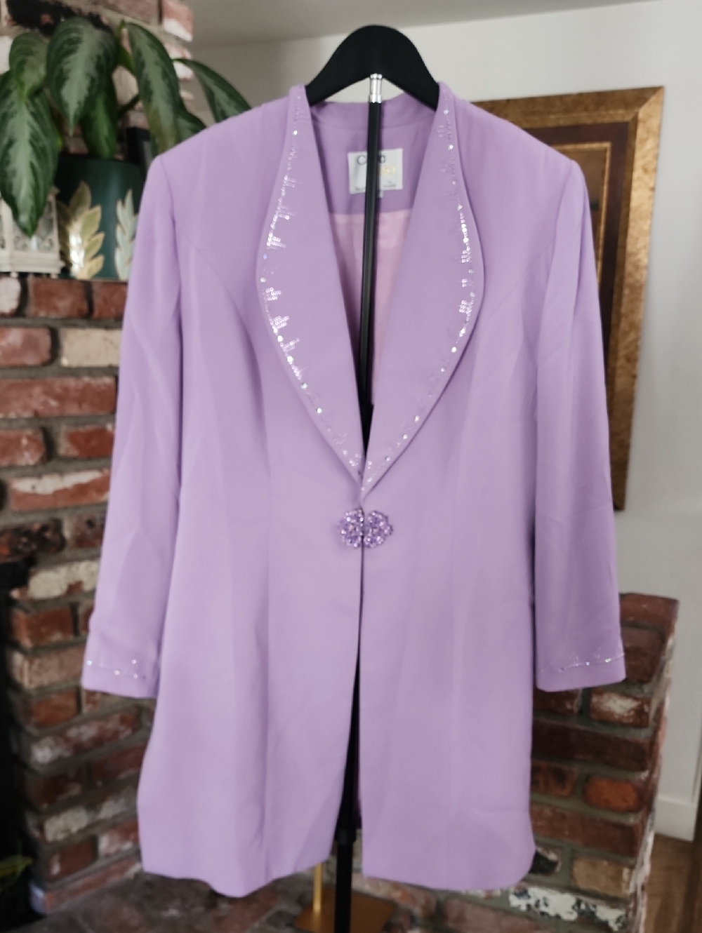 Lavender Sequin Blazer Long Jacket Jeweled Button Vintage Glam Evening Coat